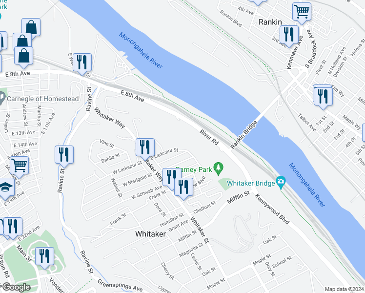 map of restaurants, bars, coffee shops, grocery stores, and more near 253 E Larkspur St in Munhall