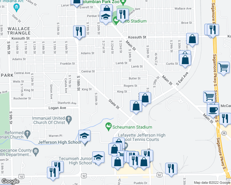 map of restaurants, bars, coffee shops, grocery stores, and more near 1317 South 22nd Street in Lafayette