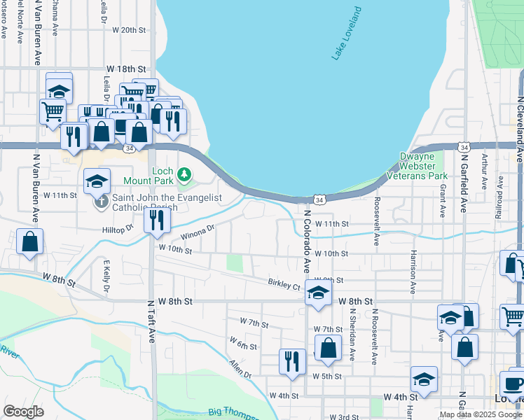 map of restaurants, bars, coffee shops, grocery stores, and more near 985 Winona Circle in Loveland