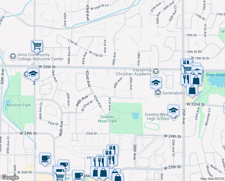 map of restaurants, bars, coffee shops, grocery stores, and more near 2123 40th Avenue in Greeley