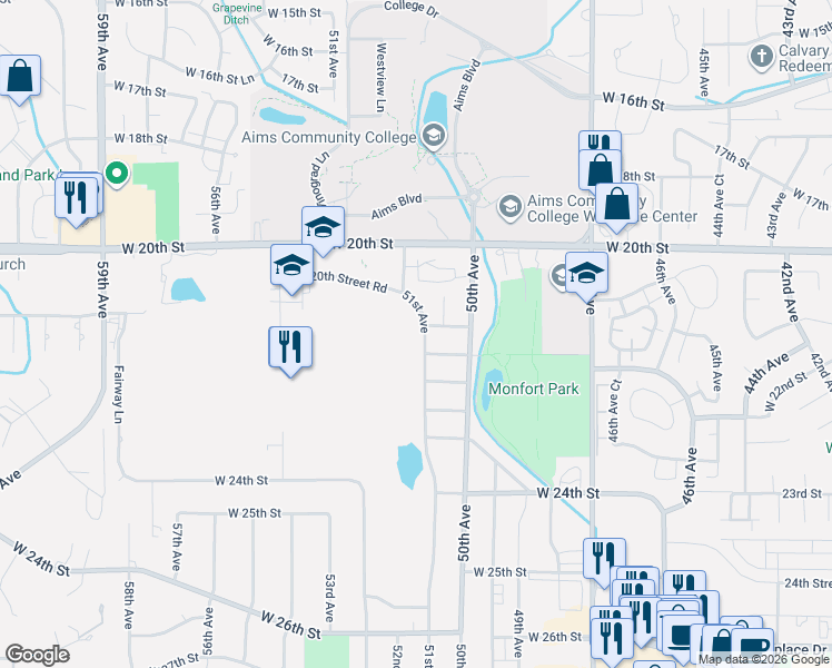 map of restaurants, bars, coffee shops, grocery stores, and more near 2109 51st Avenue in Greeley