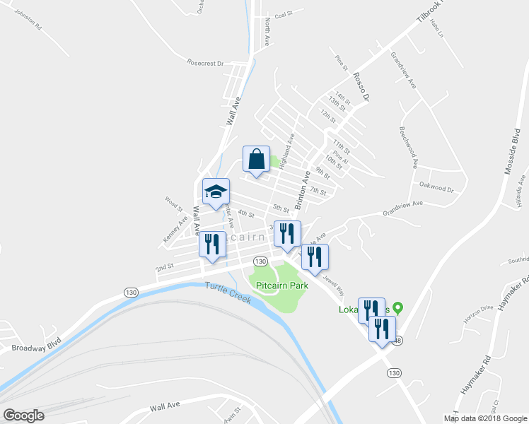 map of restaurants, bars, coffee shops, grocery stores, and more near 412 Highland Avenue in Pitcairn