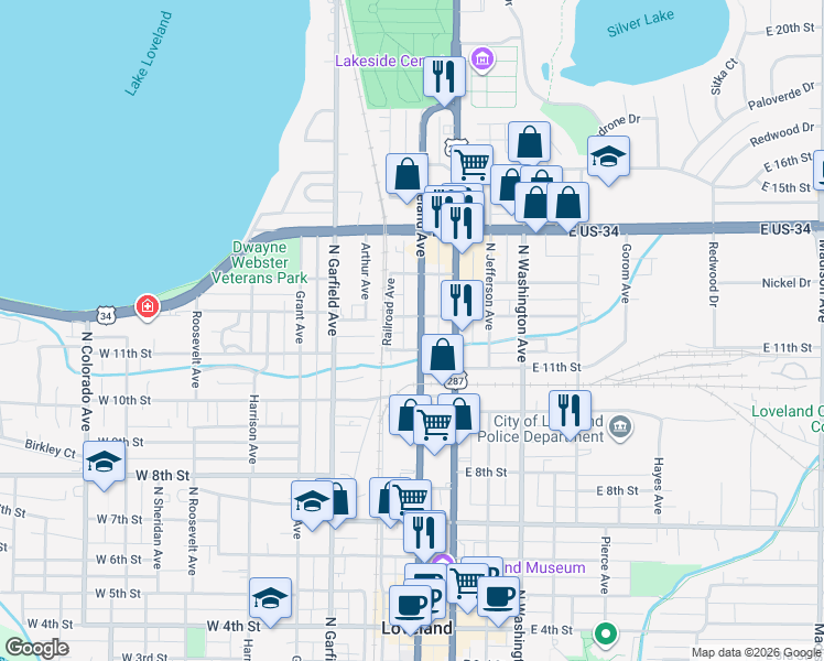 map of restaurants, bars, coffee shops, grocery stores, and more near 1117 Cleveland Avenue in Loveland