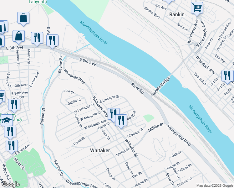 map of restaurants, bars, coffee shops, grocery stores, and more near 253 East Larkspur Street in Munhall