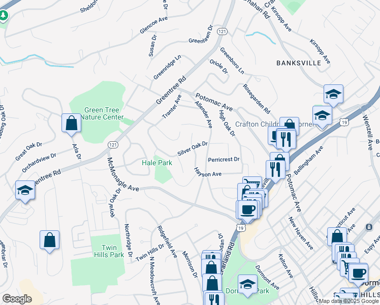 map of restaurants, bars, coffee shops, grocery stores, and more near 2519 Silver Oak Drive in Pittsburgh