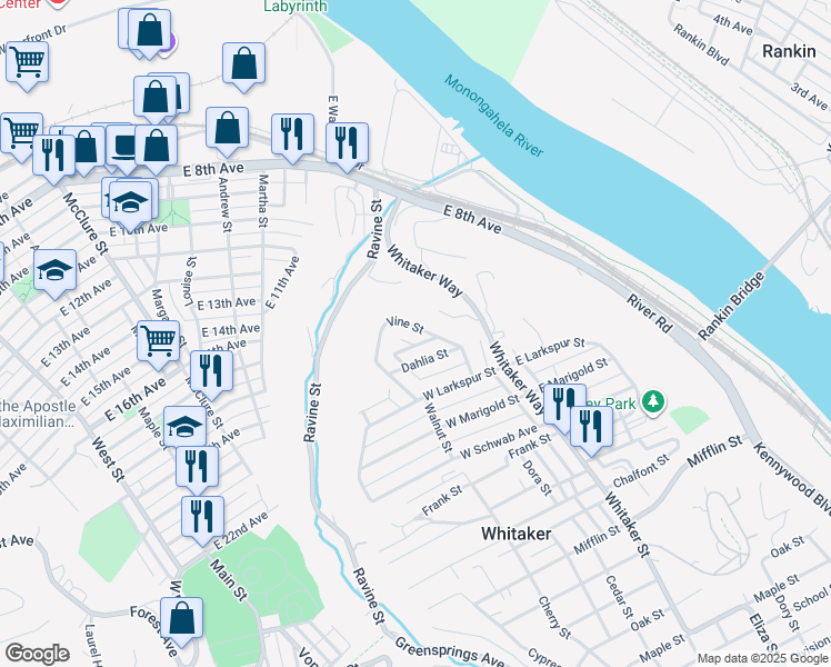 map of restaurants, bars, coffee shops, grocery stores, and more near 122 Phlox Way in Munhall