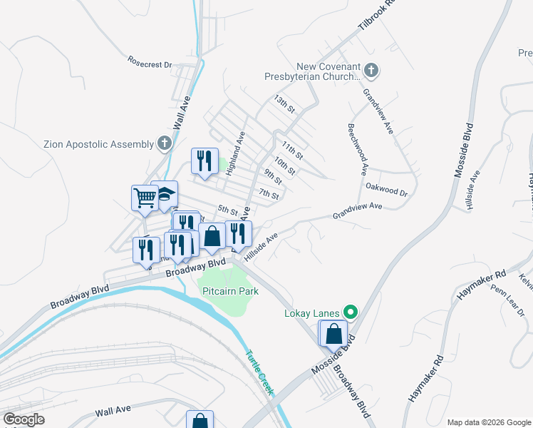 map of restaurants, bars, coffee shops, grocery stores, and more near 745 Mc Ginnis Avenue in Pitcairn