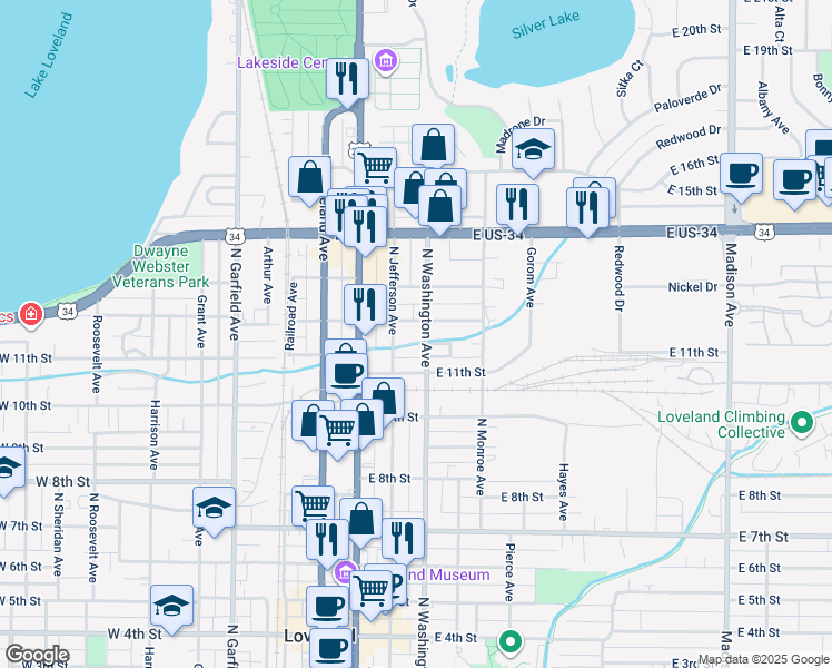 map of restaurants, bars, coffee shops, grocery stores, and more near 1105 North Washington Avenue in Loveland