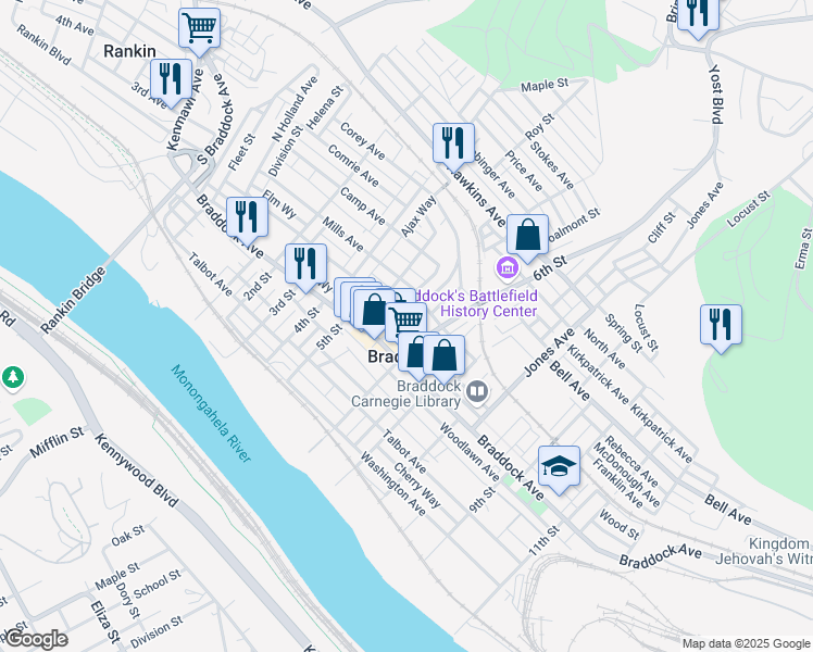 map of restaurants, bars, coffee shops, grocery stores, and more near in Braddock