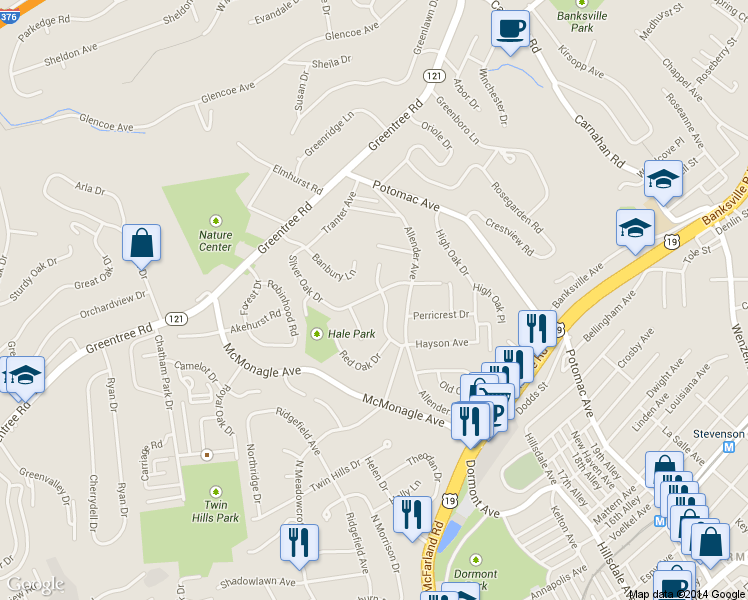 map of restaurants, bars, coffee shops, grocery stores, and more near 2519 Silver Oak Drive in Pittsburgh