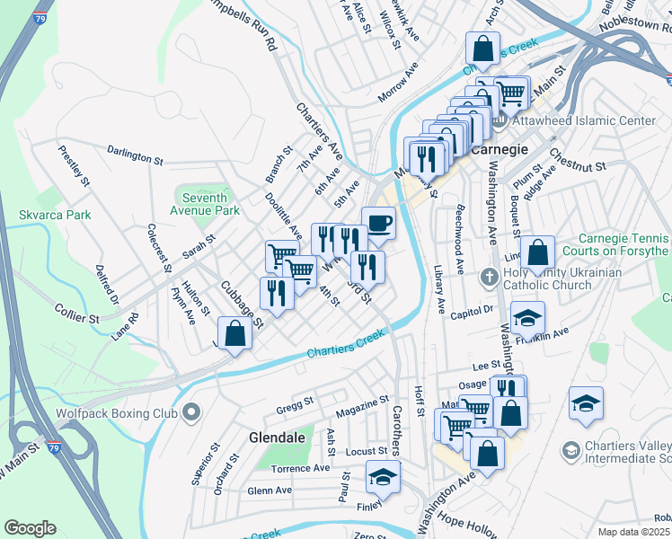 map of restaurants, bars, coffee shops, grocery stores, and more near 50 Jefferson Street in Carnegie