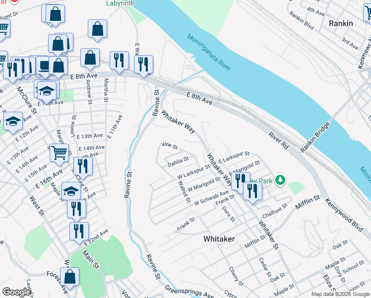 map of restaurants, bars, coffee shops, grocery stores, and more near 122 Phlox Way in Munhall