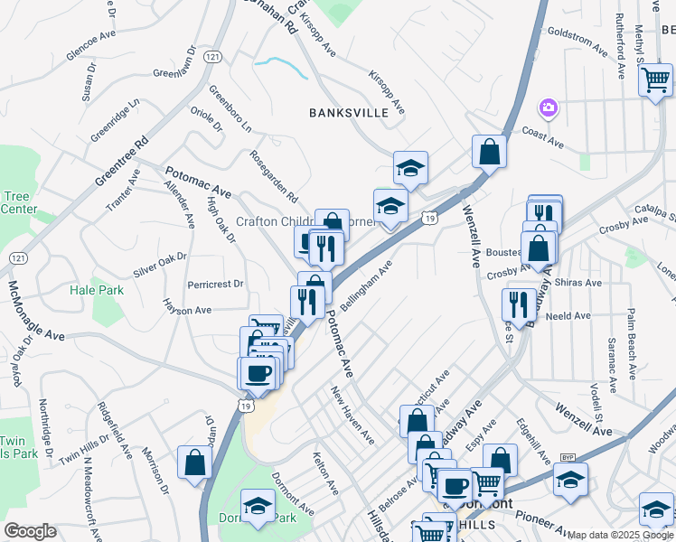 map of restaurants, bars, coffee shops, grocery stores, and more near 2866 U.S. 19 in Pittsburgh