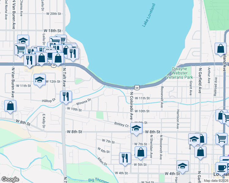 map of restaurants, bars, coffee shops, grocery stores, and more near 985 Winona Circle in Loveland