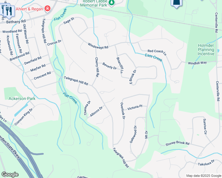 map of restaurants, bars, coffee shops, grocery stores, and more near 6 Fernwood Court in Holmdel