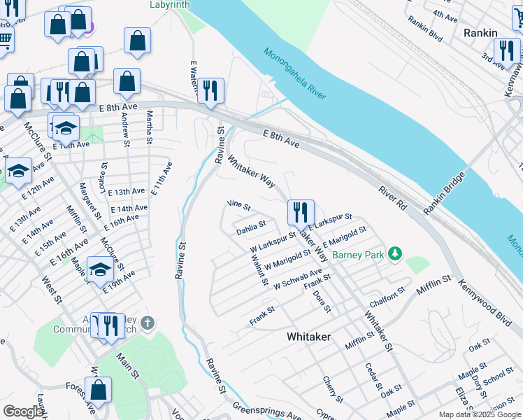 map of restaurants, bars, coffee shops, grocery stores, and more near 218 Vine Street in Munhall