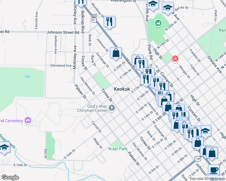 map of restaurants, bars, coffee shops, grocery stores, and more near 318 South 18th Street in Keokuk