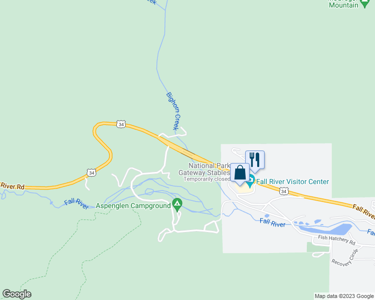 map of restaurants, bars, coffee shops, grocery stores, and more near Fall River Road in Estes Park