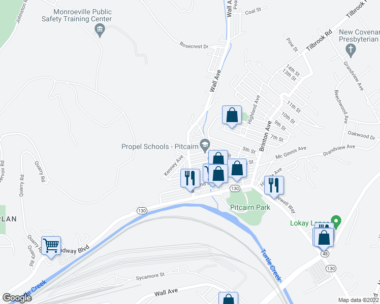 map of restaurants, bars, coffee shops, grocery stores, and more near 400 Agatha Street in Pitcairn