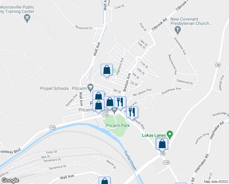 map of restaurants, bars, coffee shops, grocery stores, and more near 613 5th Street in Pitcairn