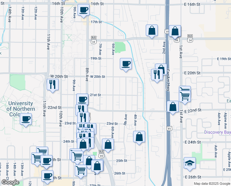 map of restaurants, bars, coffee shops, grocery stores, and more near 529 21st Street in Greeley