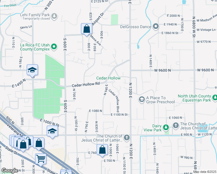 map of restaurants, bars, coffee shops, grocery stores, and more near 1370 Cedar Hollow Boulevard in Lehi