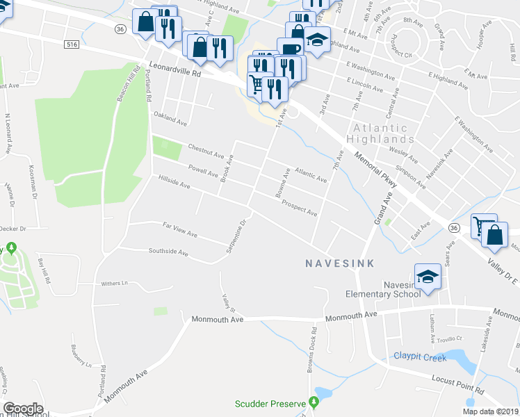 map of restaurants, bars, coffee shops, grocery stores, and more near 277 Hillside Avenue in Middletown Township