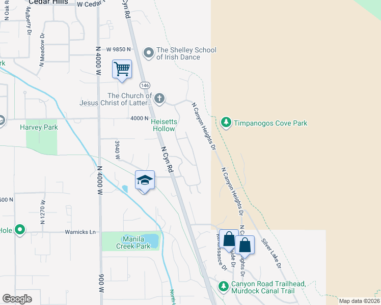 map of restaurants, bars, coffee shops, grocery stores, and more near 9483 North Avanyu Drive in Cedar Hills