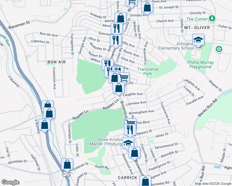 map of restaurants, bars, coffee shops, grocery stores, and more near 1150 Brownsville Road in Pittsburgh