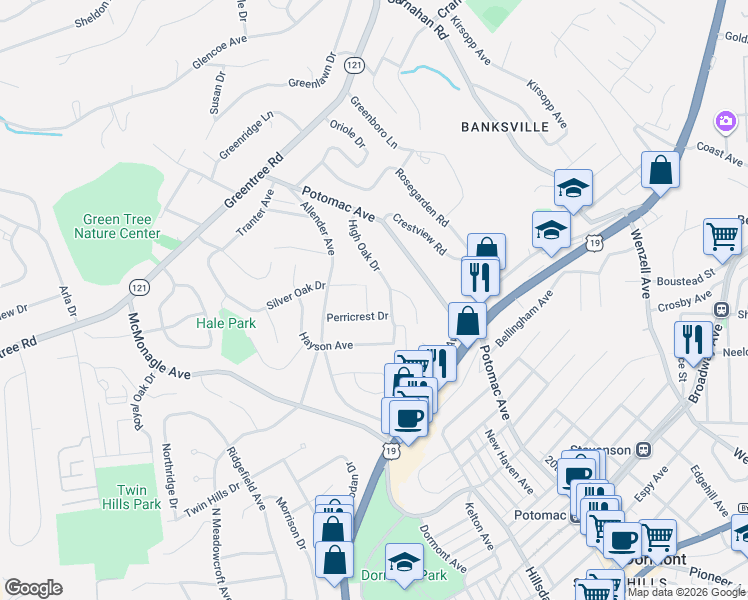map of restaurants, bars, coffee shops, grocery stores, and more near 2304 Perricrest Drive in Pittsburgh