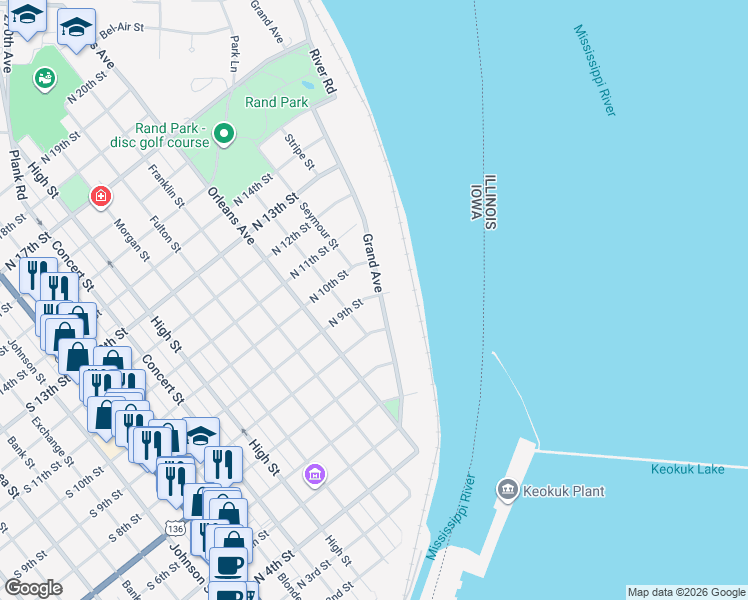map of restaurants, bars, coffee shops, grocery stores, and more near 816 Grand Avenue in Keokuk