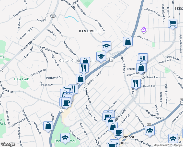 map of restaurants, bars, coffee shops, grocery stores, and more near 2866 U.S. 19 in Pittsburgh