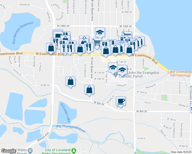 map of restaurants, bars, coffee shops, grocery stores, and more near 1815 West 10th Street in Loveland