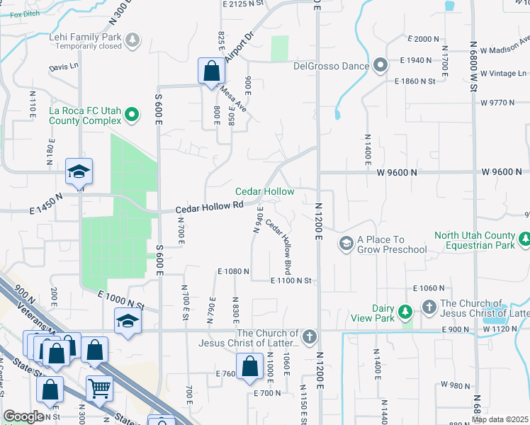 map of restaurants, bars, coffee shops, grocery stores, and more near 1370 Cedar Hollow Boulevard in Lehi