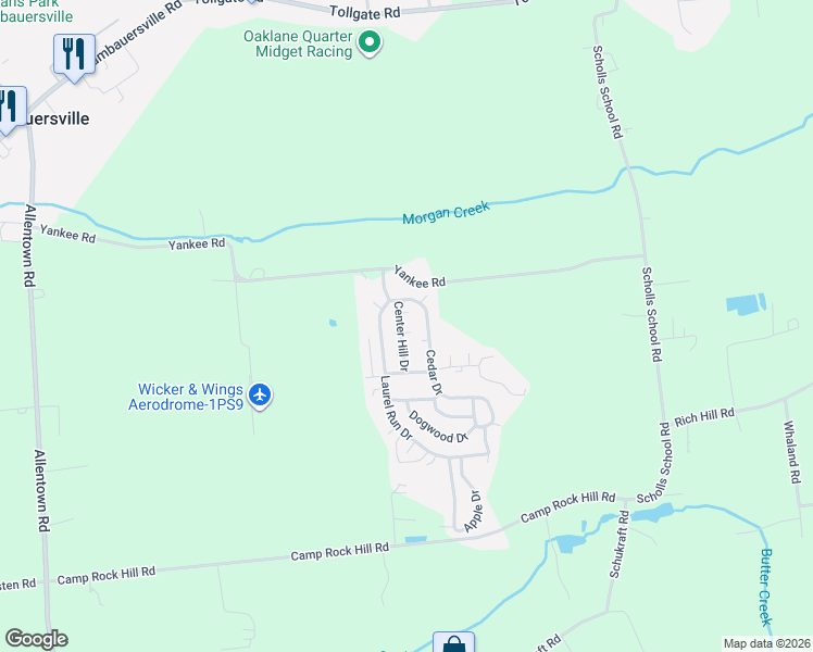 map of restaurants, bars, coffee shops, grocery stores, and more near 24 Laurel Run Road in Quakertown