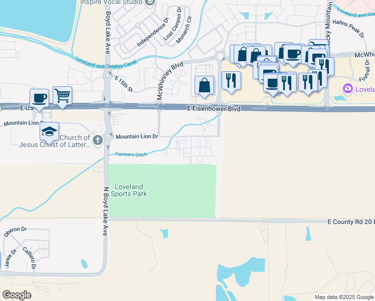 map of restaurants, bars, coffee shops, grocery stores, and more near 1350 County Road 9 in Loveland