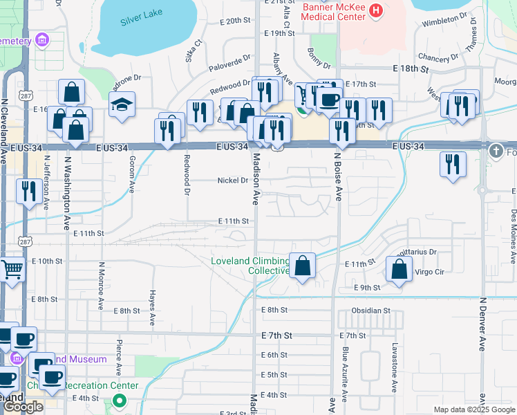 map of restaurants, bars, coffee shops, grocery stores, and more near 1303 East 11th Street in Loveland