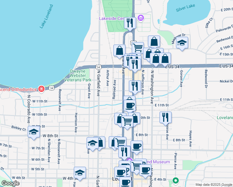map of restaurants, bars, coffee shops, grocery stores, and more near 1117 Cleveland Avenue in Loveland