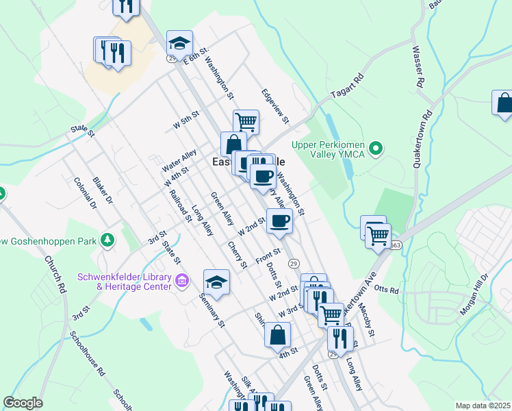 map of restaurants, bars, coffee shops, grocery stores, and more near 206 Main Street in East Greenville