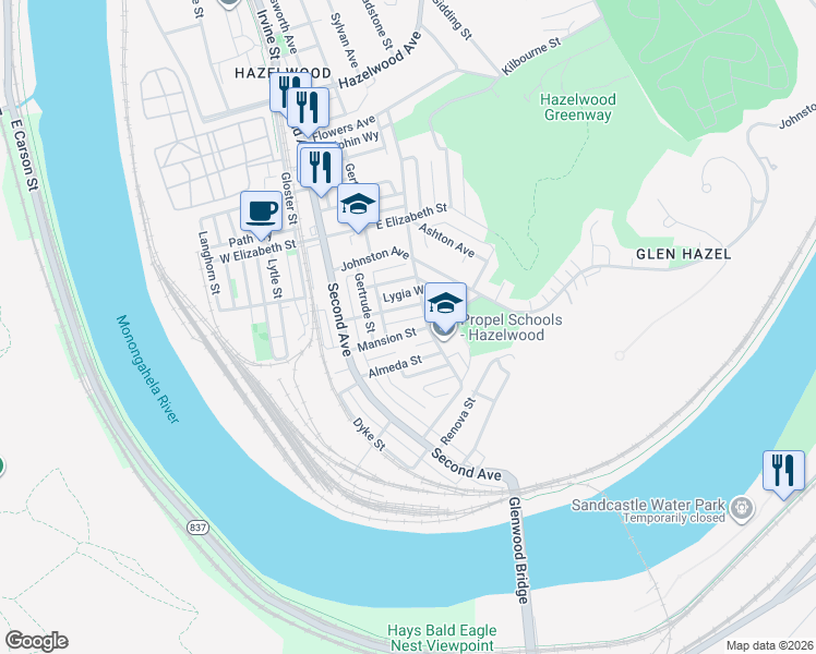 map of restaurants, bars, coffee shops, grocery stores, and more near 250 Mansion Street in Pittsburgh