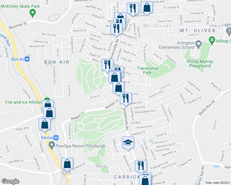 map of restaurants, bars, coffee shops, grocery stores, and more near 1150 Brownsville Road in Pittsburgh
