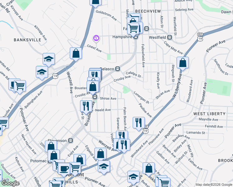map of restaurants, bars, coffee shops, grocery stores, and more near 2131 Vodeli Street in Pittsburgh
