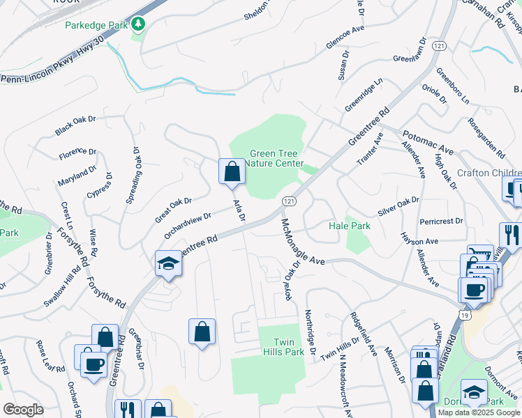 map of restaurants, bars, coffee shops, grocery stores, and more near 1313 Greentree Road in Pittsburgh