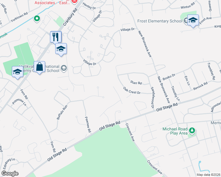 map of restaurants, bars, coffee shops, grocery stores, and more near 20 Apache Court in East Brunswick