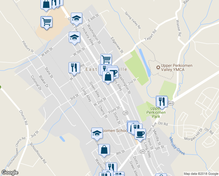 map of restaurants, bars, coffee shops, grocery stores, and more near 222 Main Street in East Greenville