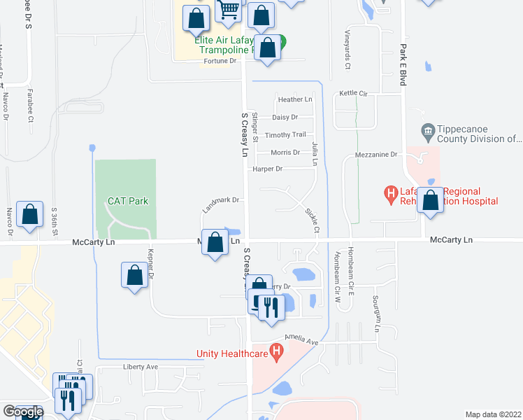 map of restaurants, bars, coffee shops, grocery stores, and more near 977 South Creasy Lane in Lafayette