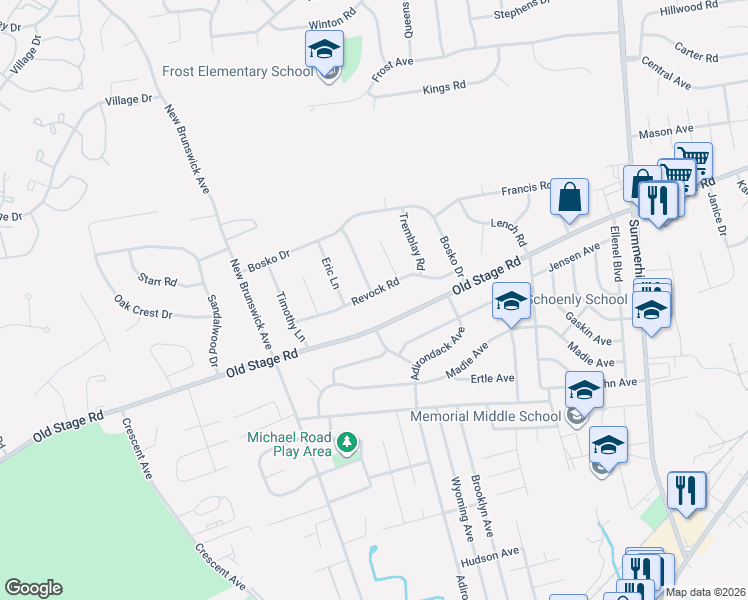 map of restaurants, bars, coffee shops, grocery stores, and more near 412 Old Stage Road in East Brunswick
