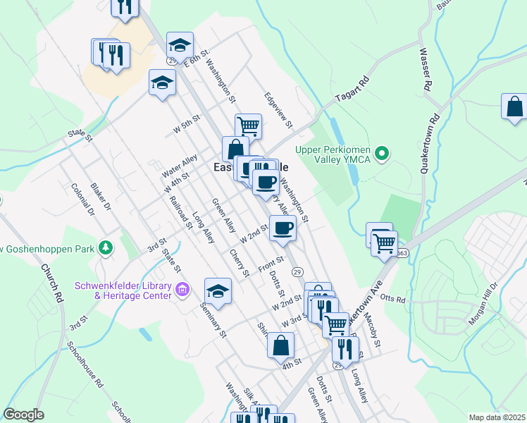 map of restaurants, bars, coffee shops, grocery stores, and more near 206 Main Street in East Greenville