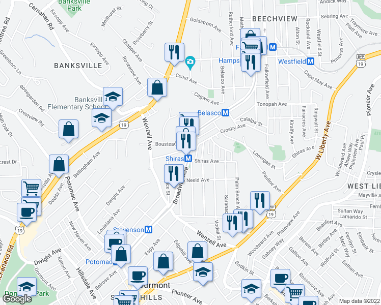 map of restaurants, bars, coffee shops, grocery stores, and more near 2102 Broadway Avenue in Pittsburgh