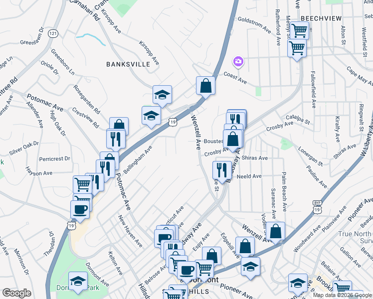 map of restaurants, bars, coffee shops, grocery stores, and more near 523 Wenzell Avenue in Pittsburgh